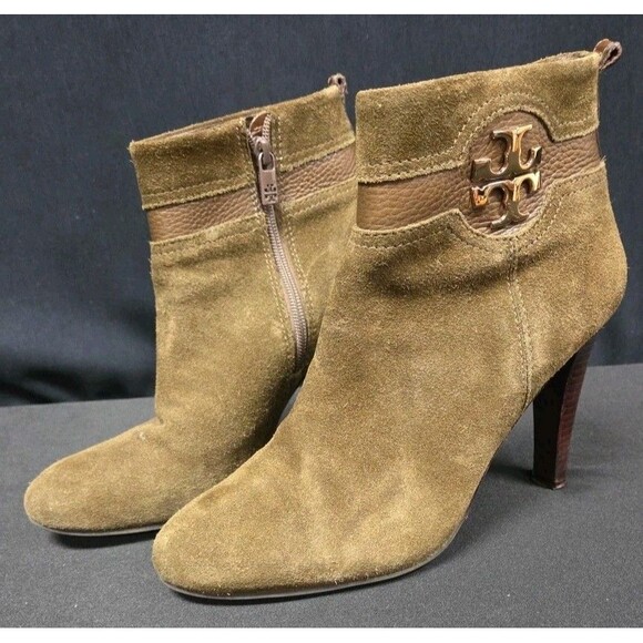 Tory Burch Alaina Olive Green Suede Ankle Boots Heels Size 10M EUC Zip - Picture 1 of 7